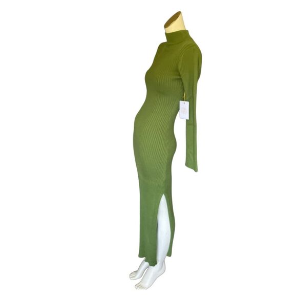 Green Ribbed Knit Midi Dress Long Sleeve Turtleneck Bodycon Sweater Dress Olive - Picture 3 of 3